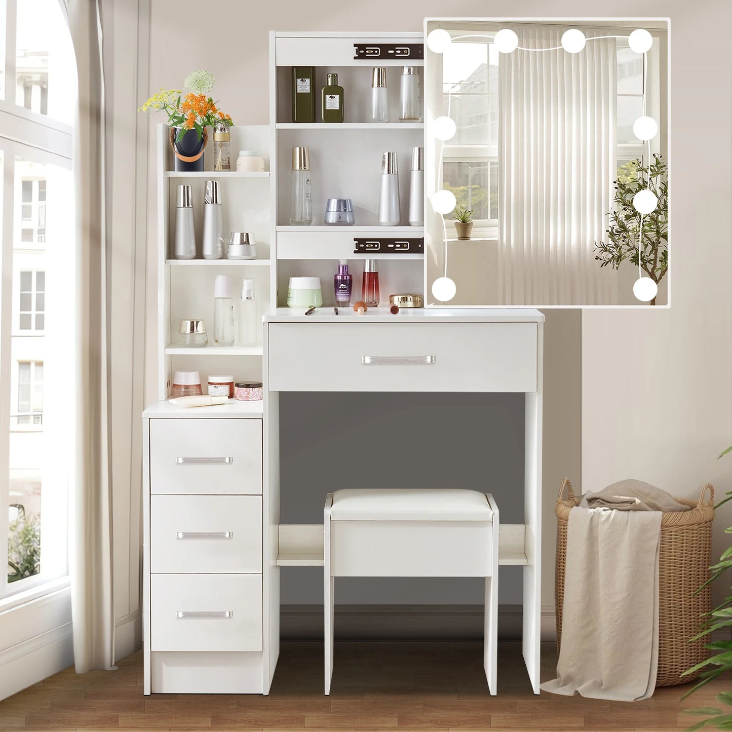 Modern White Dressing Table Stool Set with 3-Color Adjustable LED Light Mirror 4 Drawers For Bedroom Living Room Vanity Table