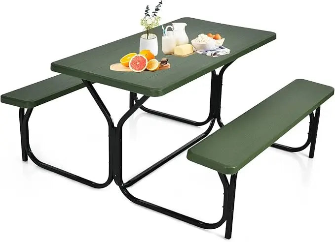 Picnic Table, Resin Dining Table & 2 Benches Set, Weather Resistant Wood Grain Tabletop & Steel Frame, Plastic Picnic Tables