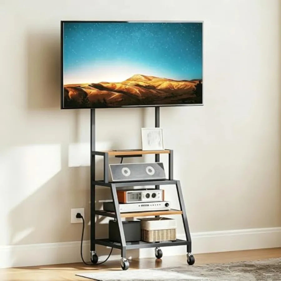 Rolling TV Stand with Mount, Corner TV Console with Wheels Up to 50 Inch, Entertainment Center with Storage, Small TV Stand wit