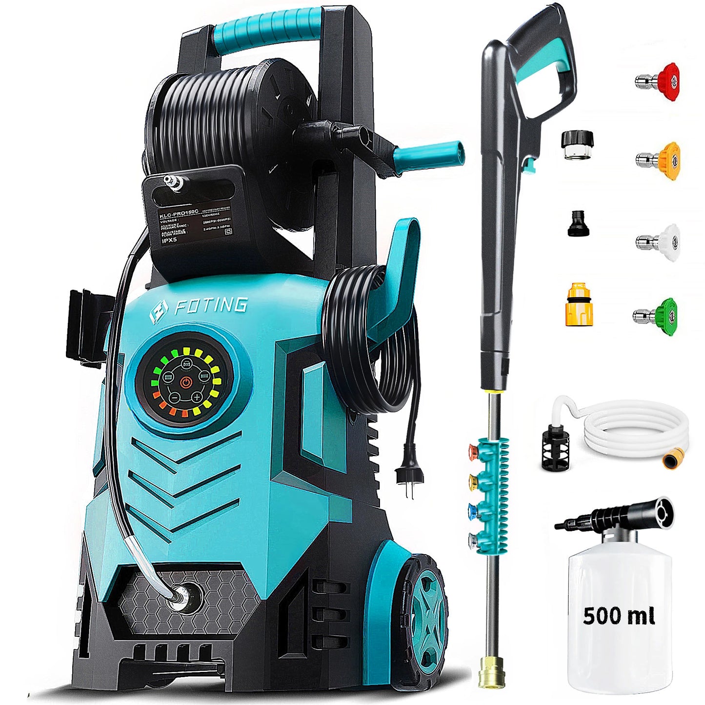 FOTING 5000PSI 2.8-3.6GPM Pressure Washer 8-Level Touch Screen 34" Tall 4 Nozzles 500ml Foam Cannon for Cars Fences Driveways