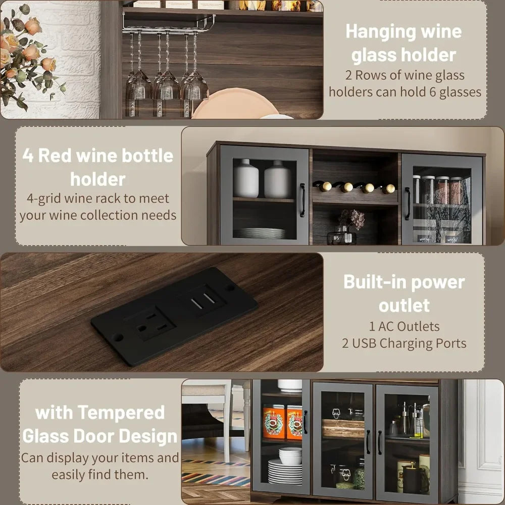 Coffee Bar Cabinet With Charging Station LED Lights Wine Rack