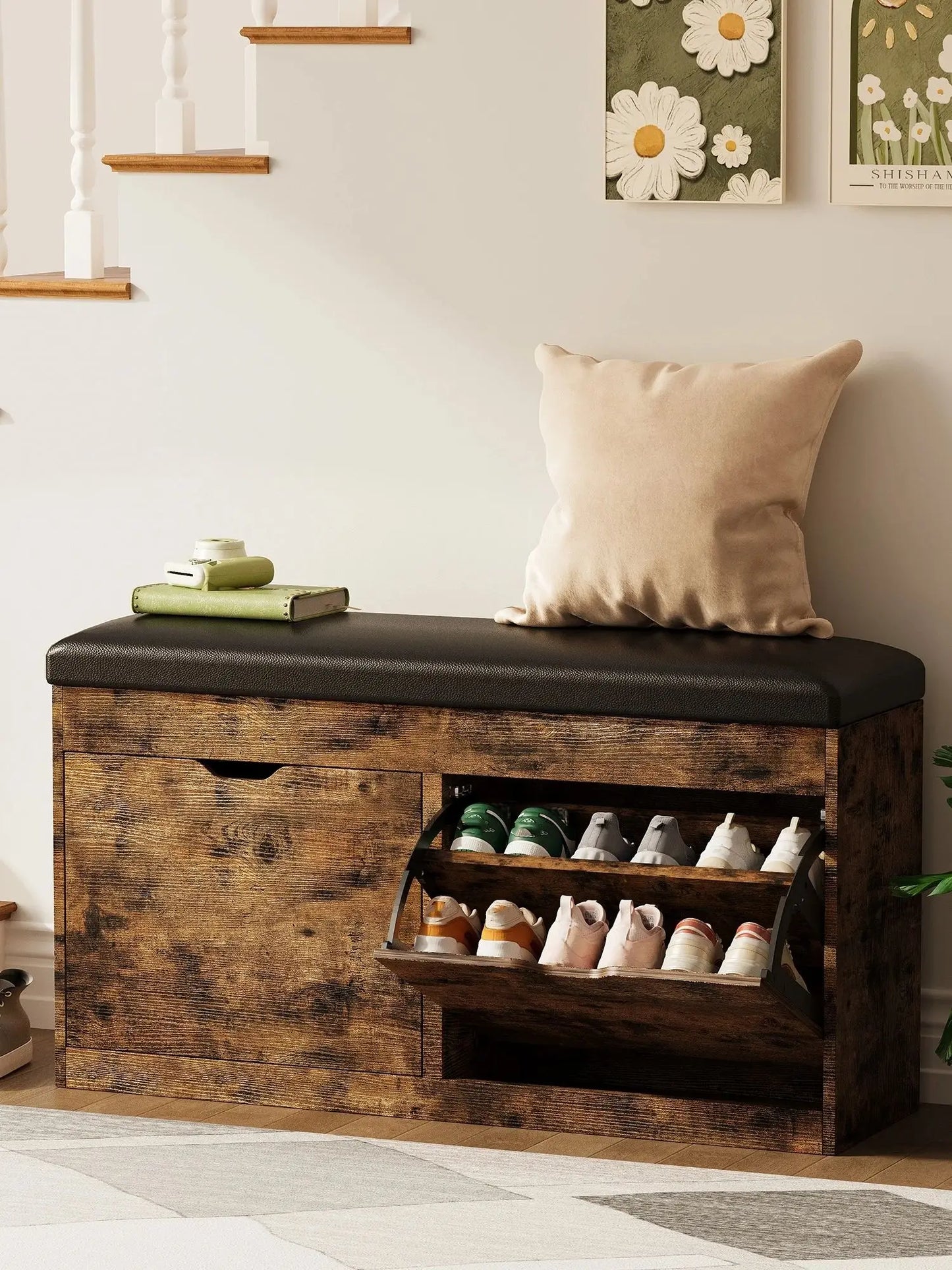 Shoe Storage Bench With Lift Top And 2 Flip Drawers