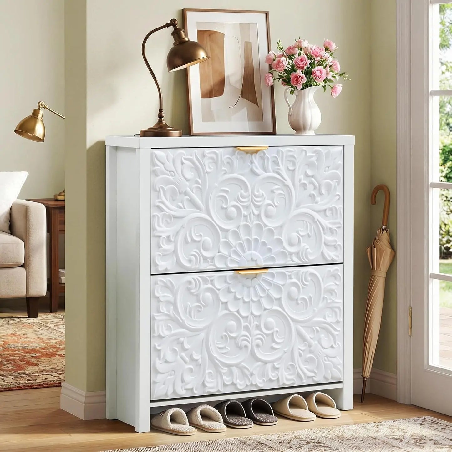 Shoe Cabinet With Flip Drawers 2-Tier Hidden Organizer