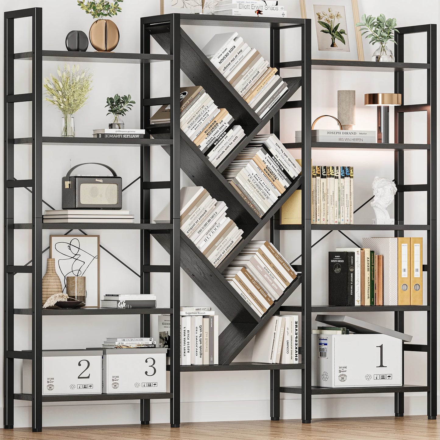 Triple 5 Tier Bookshelf, Large Wooden Bookcase with 17 Open Display Shelves, Modern Tree Book Shelf Metal Frame Tall Bookshelves