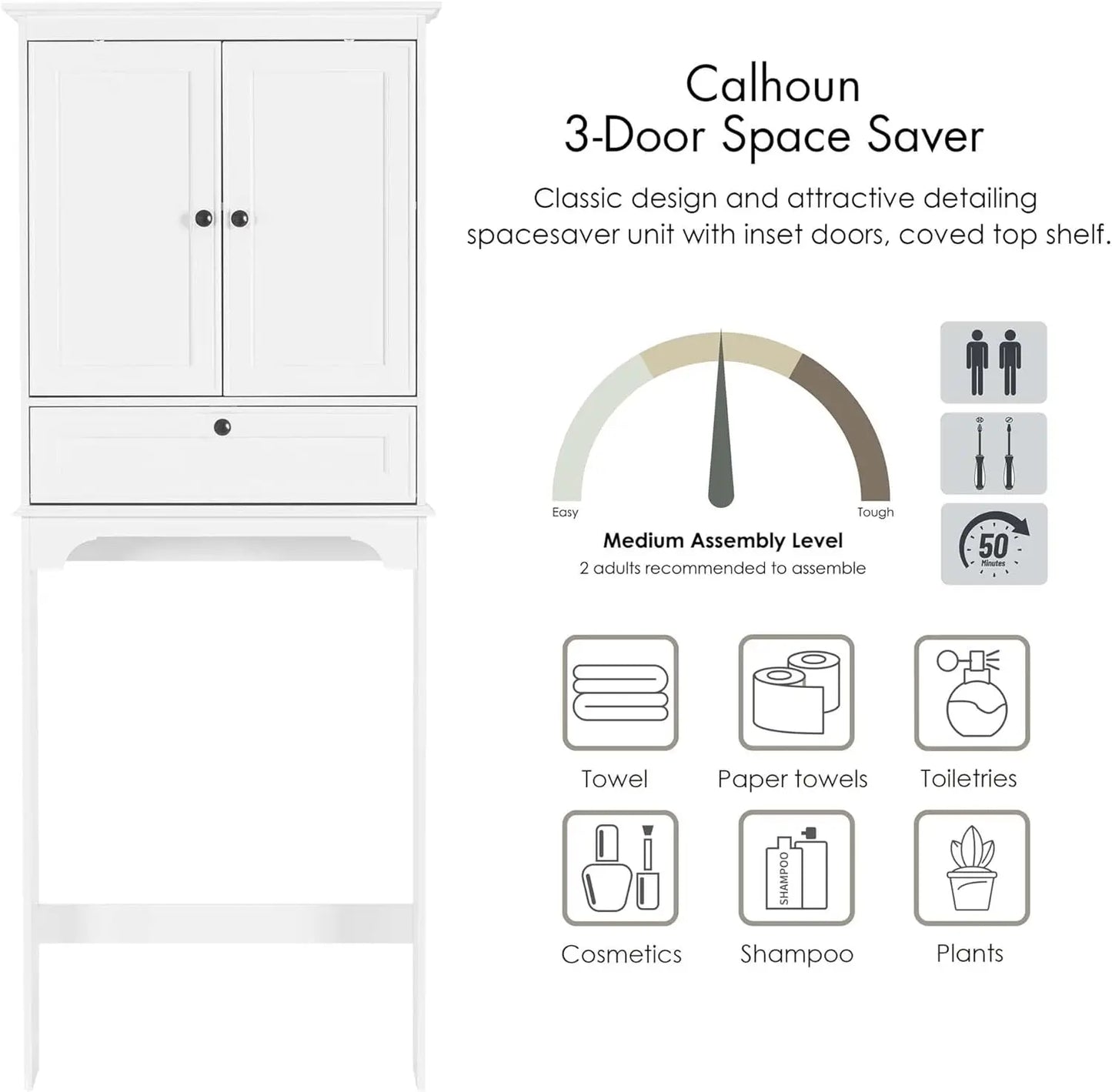 Bathroom Over the Toilet Storage Cabinet with Tilt-Out Cube, White | Space-saving Organizer for Small Bathrooms, Doors Conceal C