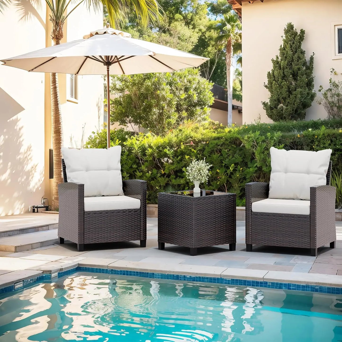 Outdoor 3 Piece Patio Furniture Set Wicker Rattan Cushioned Chairs