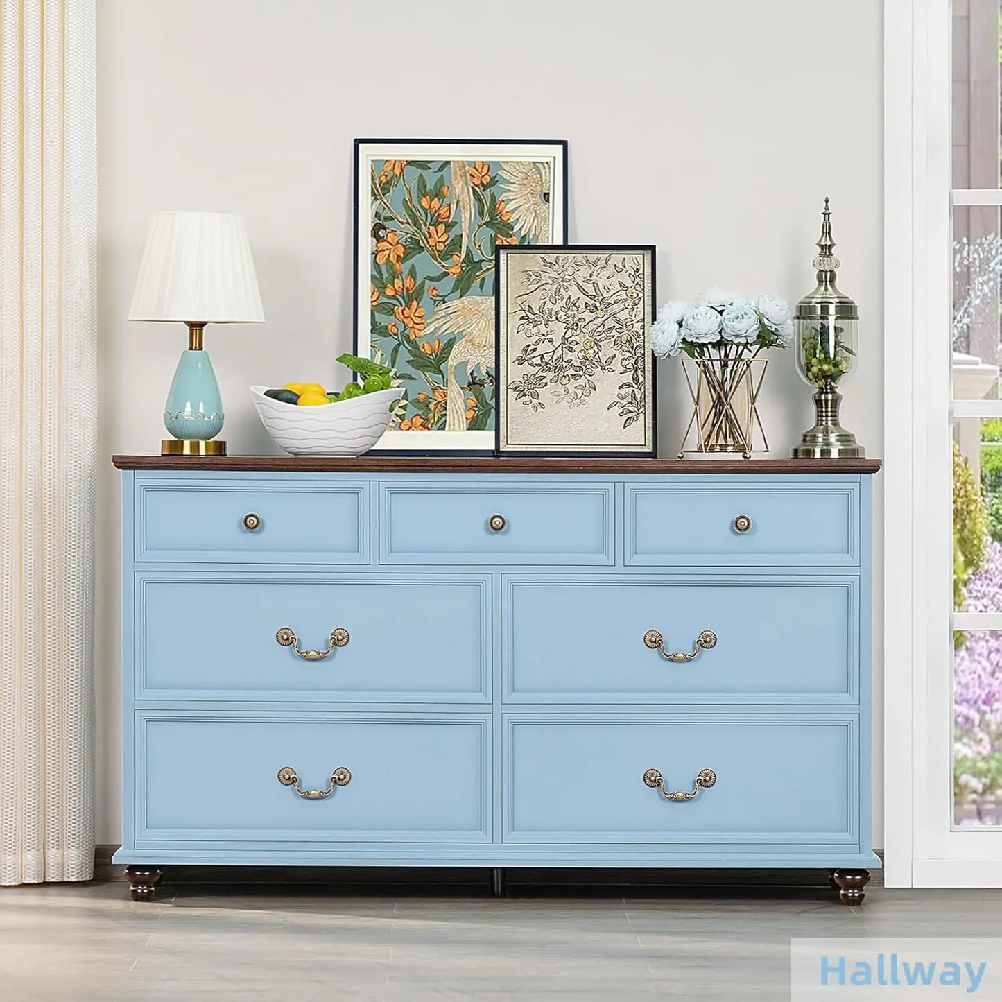 Farmhouse 54" 7 Drawers Dresser for Bedroom, Wide Wood Chest of Drawers w/ 4 Wooden Legs, Vintage Large Storage, Customized