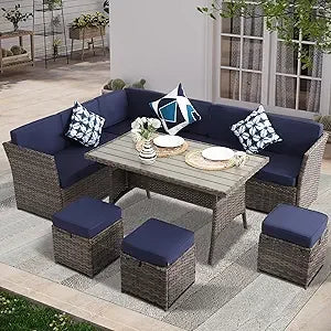 7 Piece Patio Furniture Set PE Wicker Rattan Dining Set