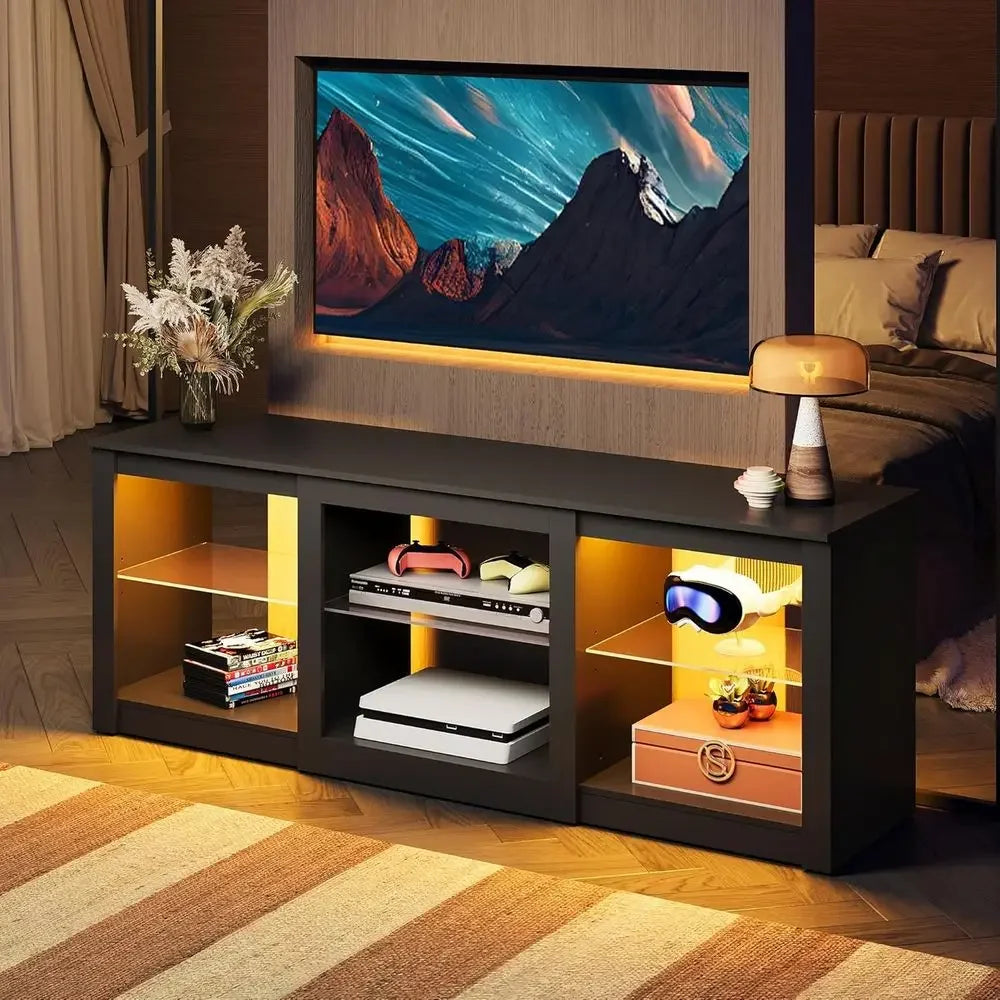 65-70 Inch LED TV Stand with Adjustable Glass Shelves, RGB Lights, and Wood Media Table for Living Room, Bedroom, or Gaming Room