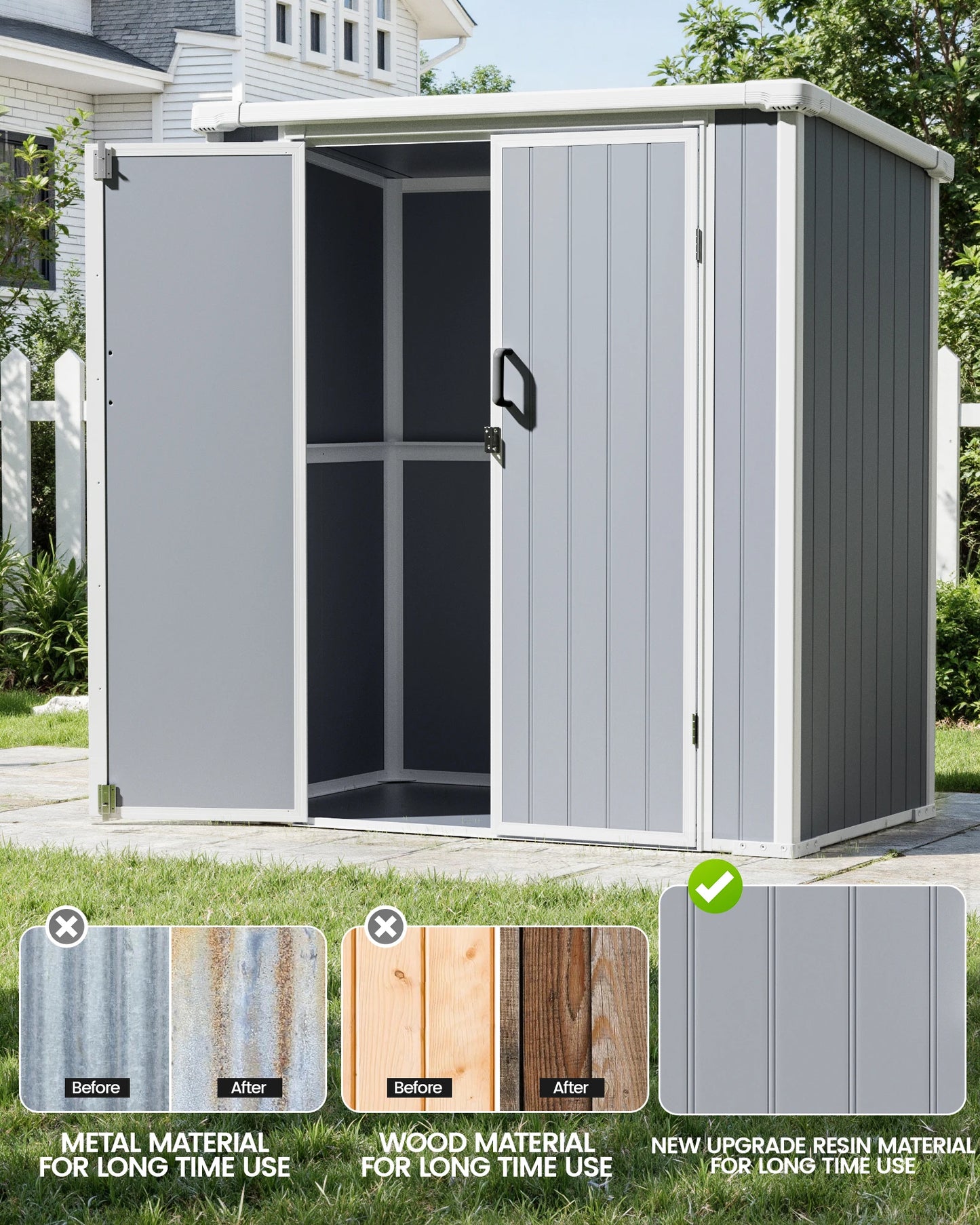 Outdoor Storage Shed Outdoor Polypropylene Resin Storage Shed Weatherproof Garden Tool Shed with Lockable Double Doors Floor Included Waterproof UV‑Resistant Patio Storage Cabinet for Backyard Lawn