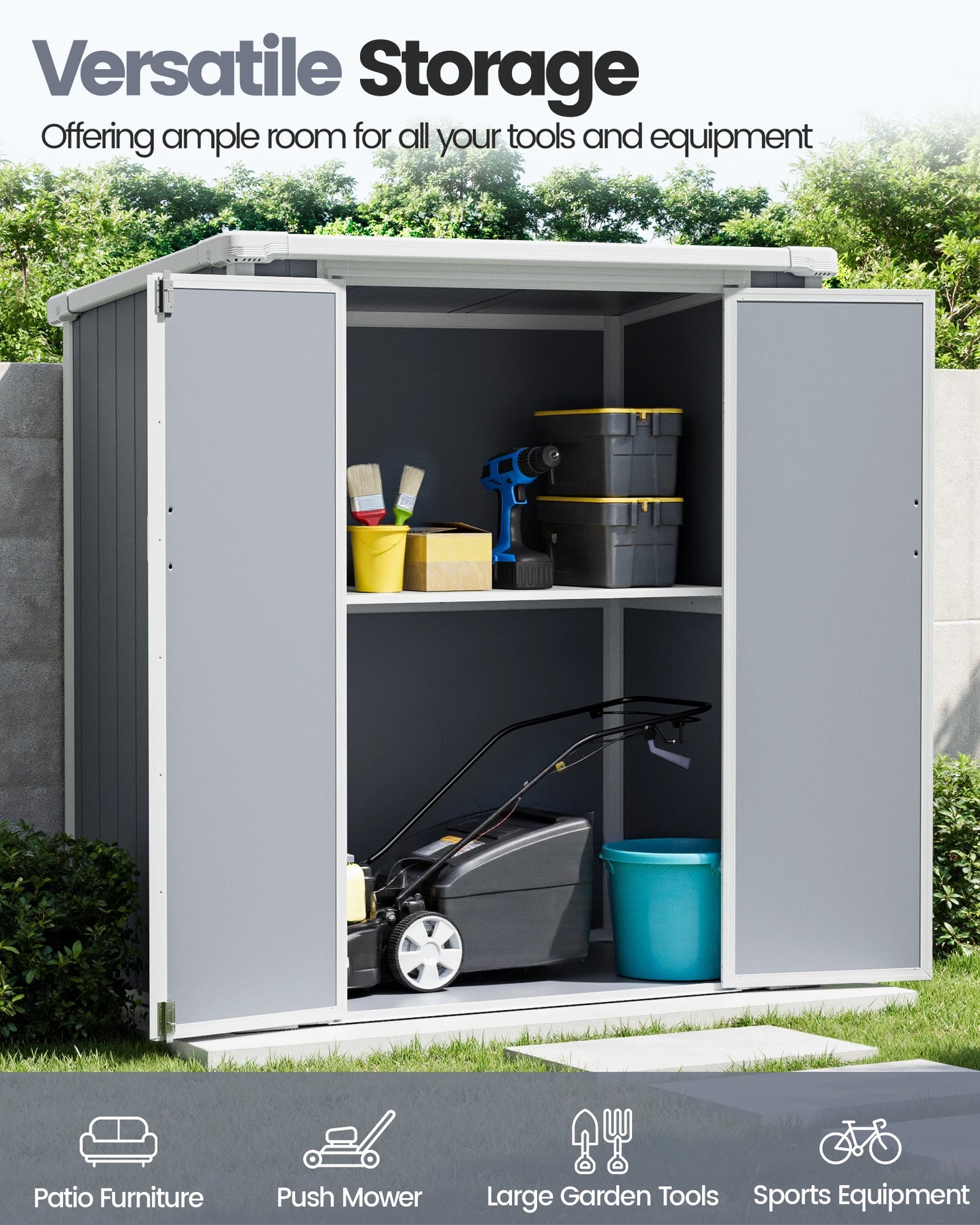 Outdoor Storage Shed Outdoor Polypropylene Resin Storage Shed Weatherproof Garden Tool Shed with Lockable Double Doors Floor Included Waterproof UV‑Resistant Patio Storage Cabinet for Backyard Lawn