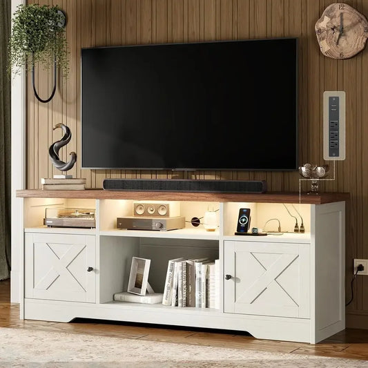 65 TV Stand with Power Outlet, LED Lights, and Storage for Living Room or Bedroom, White