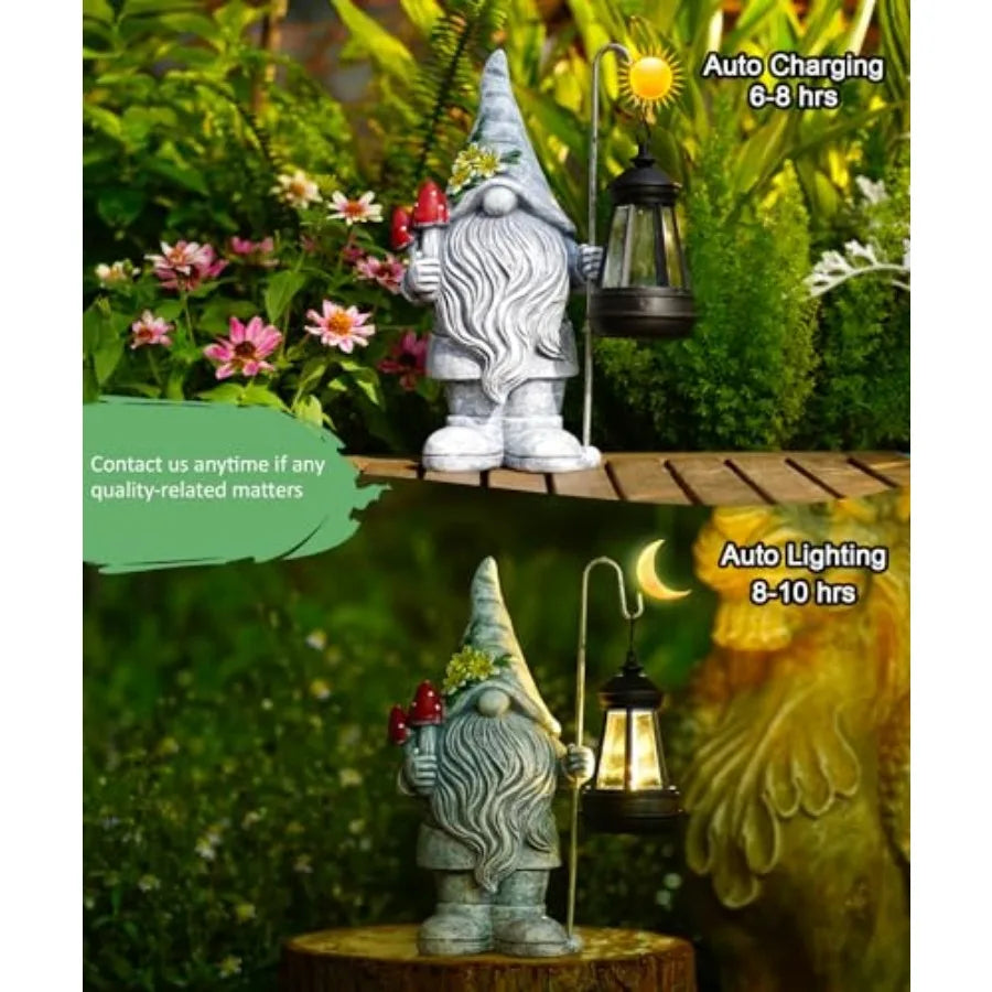 Garden Gnome with Solar Lantern: Outdoor Statue Decorations for Home Yard Lawn Balcony Patio Porch - Mothers Day Gifts for Mom