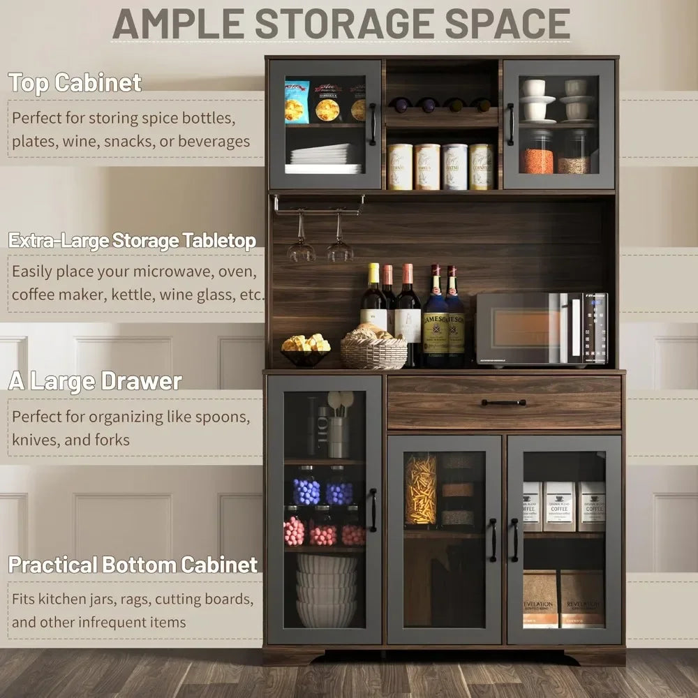 Coffee Bar Cabinet With Charging Station LED Lights Wine Rack