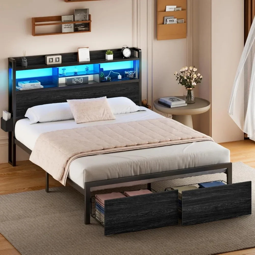 Bed Frame With Wood Headboard And Metal Platform Storage Drawers