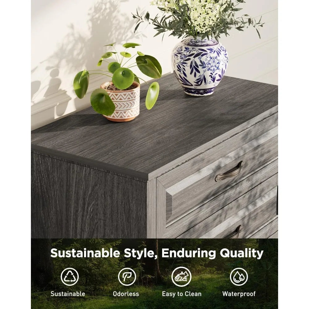Grey 5 Drawers Dresser Chests for Bedroom, 42.7 Inch Tall Wooden Dresser, Farmhouse Storage Organizer with Large Drawer