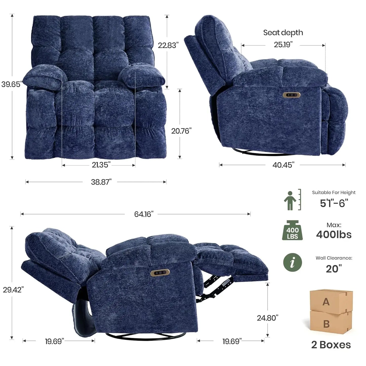 Oversized Power Swivel Rocker Recliner Chair Extra Wide Chenille Fabric