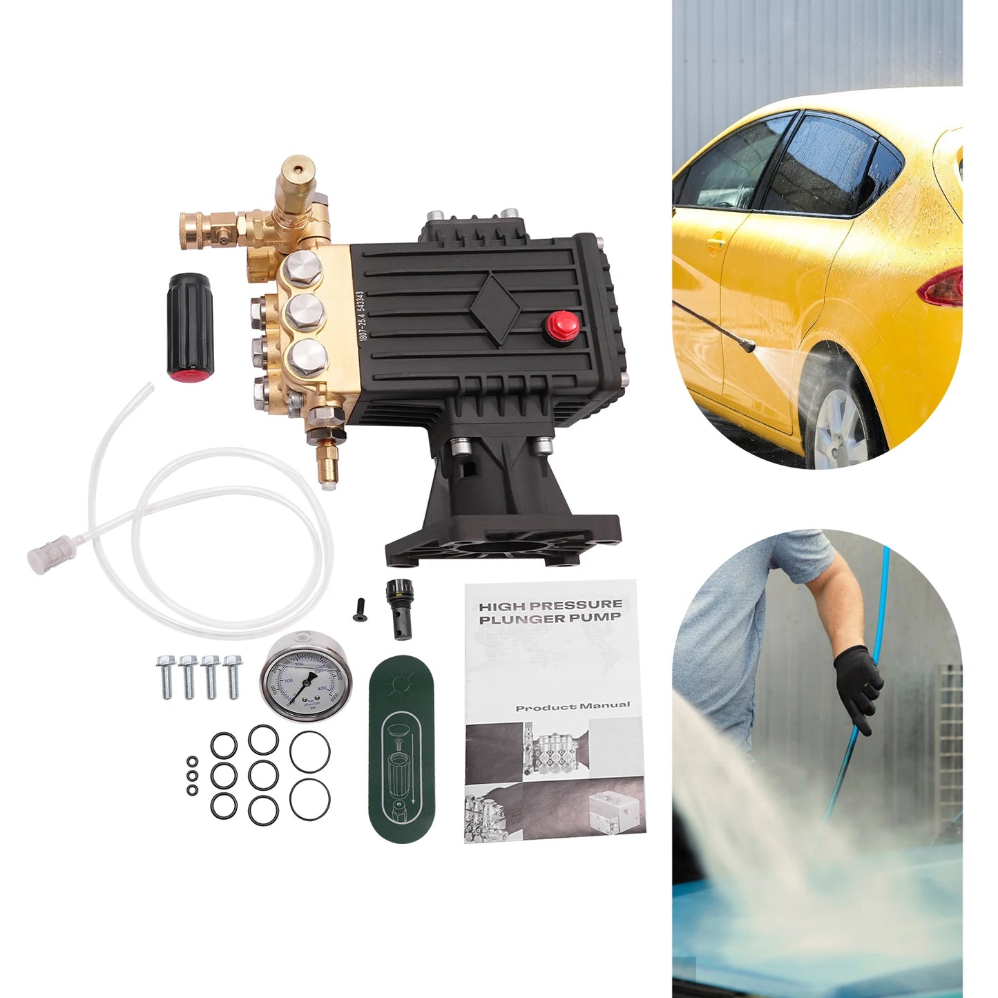4000PSI 4GPM High Pressure Brass Pump Head Gas Pressure Washer Pump 13HP 3400RPM Direct Drive Rust Proof Aluminum Shell with Pressure Gauge for Car Wall Sidewalk