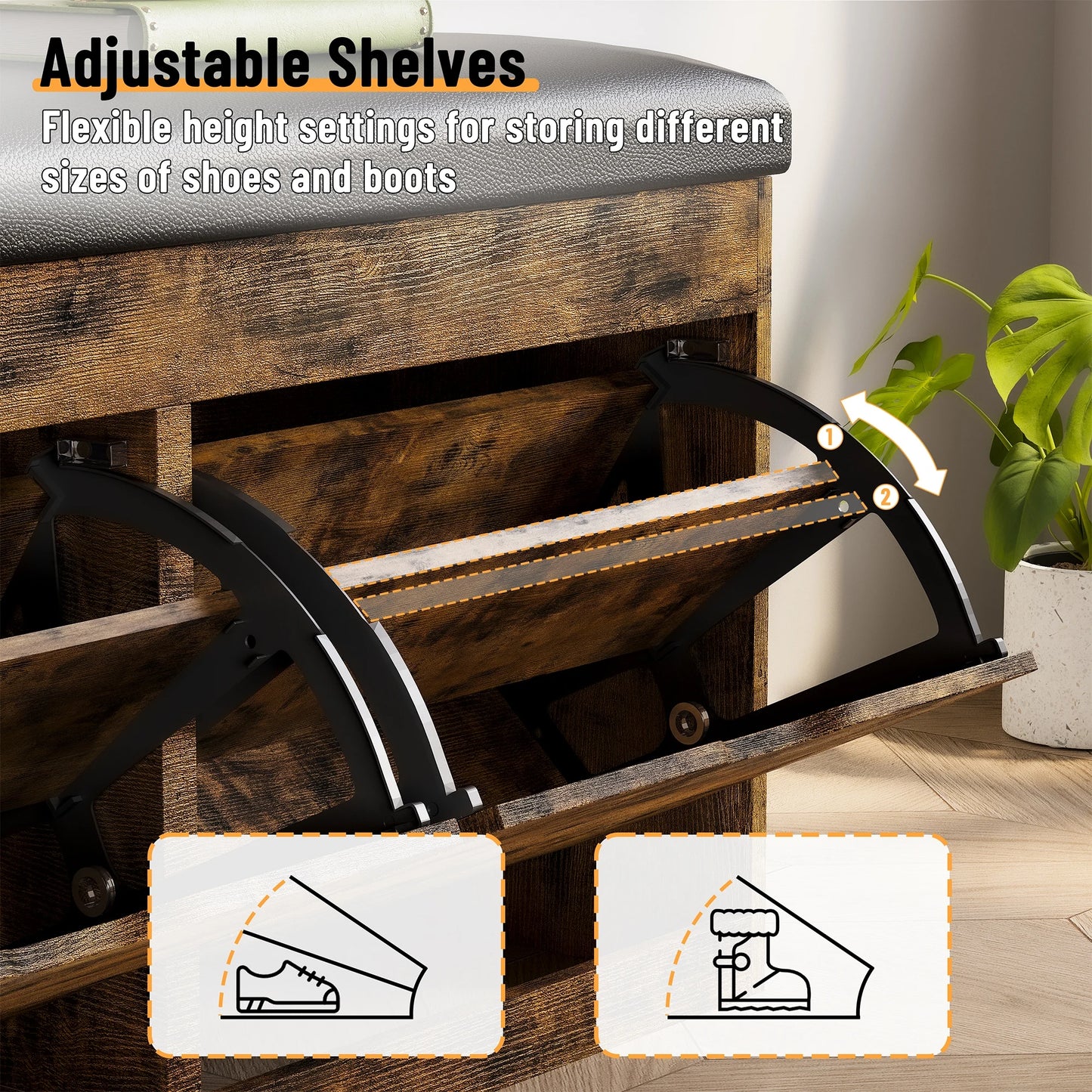Shoe Storage Bench With Lift Top And 2 Flip Drawers