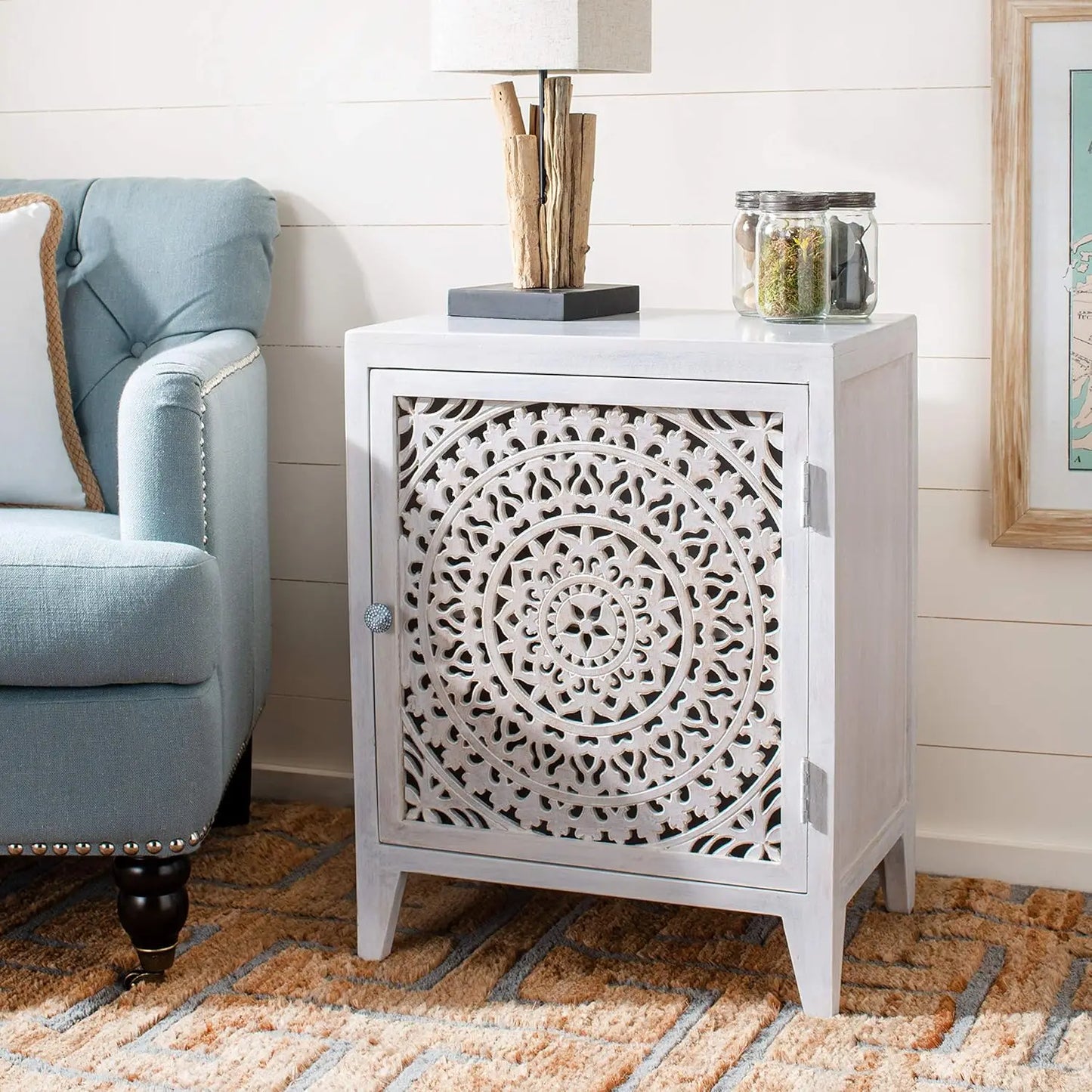 Carved Mandala Door Storage Nightstand Thea Wash Boho Bedroom Table
