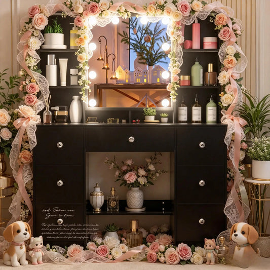 Large Light Luxury Vanity Set, 3 Color Dimmable LED Mirror, 5 Drawers Sturdy Frame Bedroom Easy Assembly