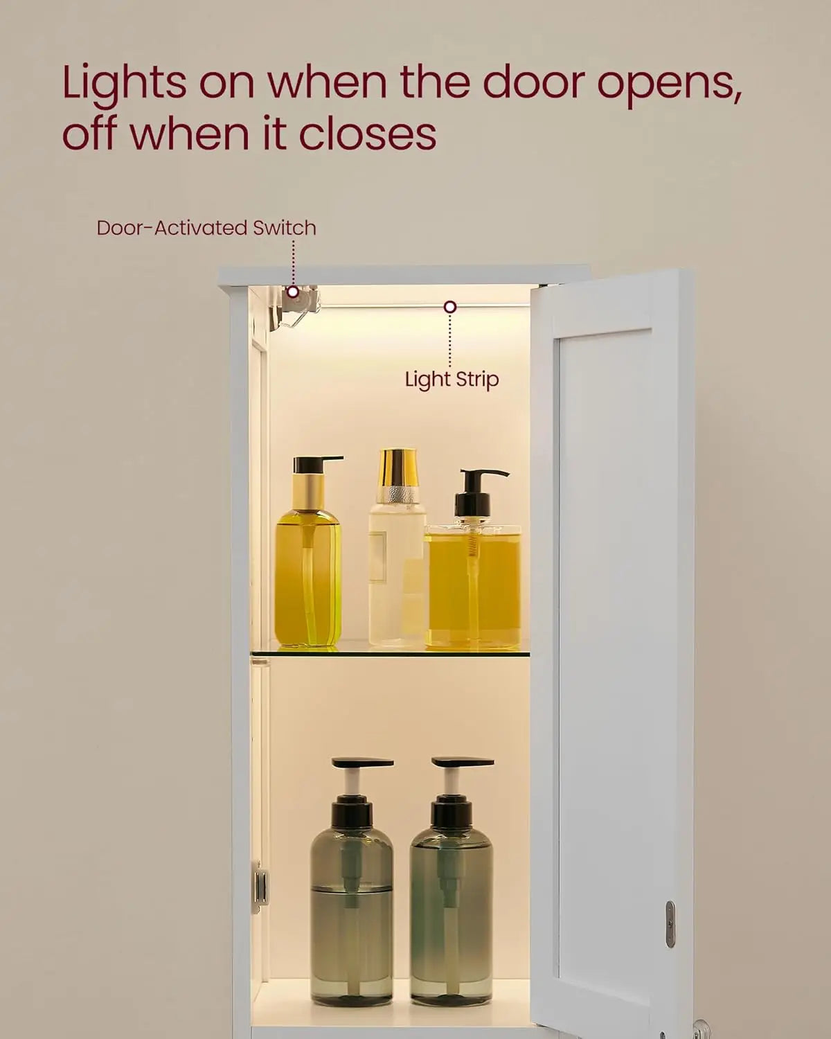 Tall Storage Cabinet with Lights, Slim Freestanding Cabinet with Adjustable Shelves, for Small Spaces, Bathroom, Living Room, Mo