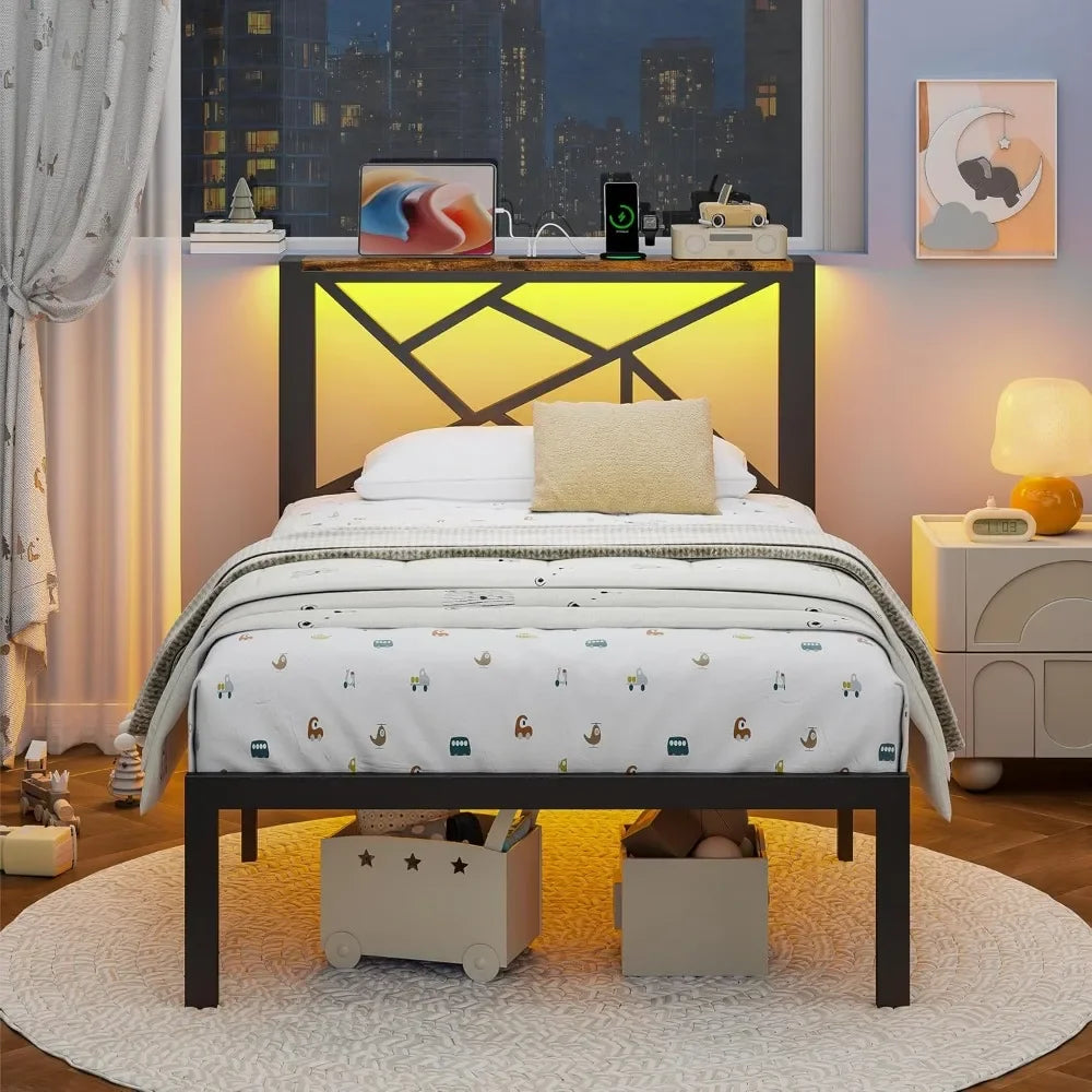 Metal Bed Frame With USB Charging Station And LED Lighting