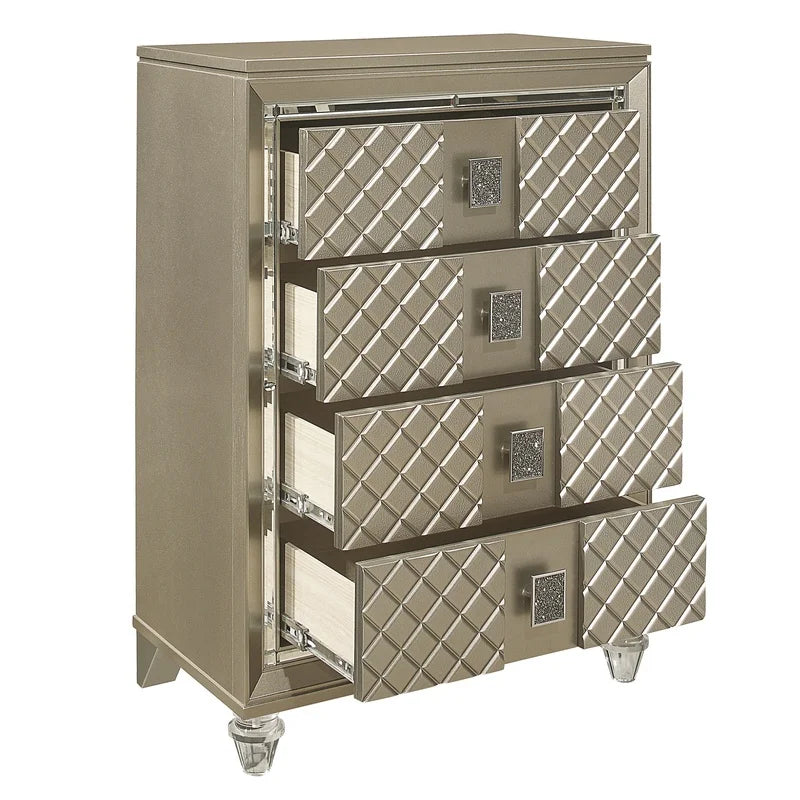 Luxury 4-Drawer Chest with Beveled Mirror Trim and Acrylic Feet, Champagne Finish