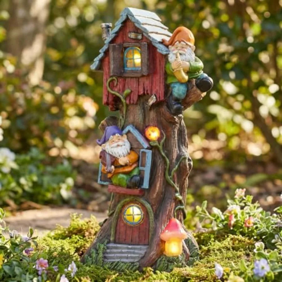 11" Tall Large Garden Statues Gnome Treehouse with Solar Outdoor Light, Dad Gifts for Men, Resin Garden Decor Lawn Ornaments fo