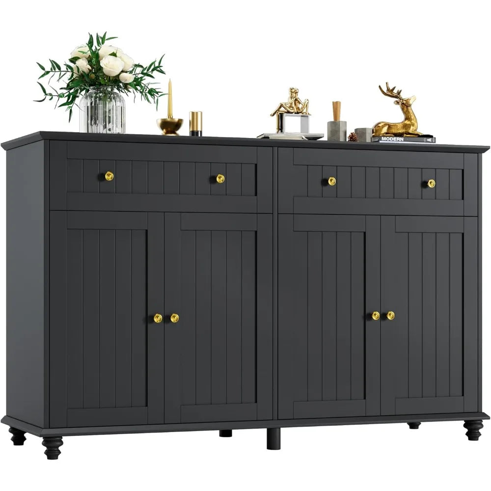 Buffet Cabinet with Storage, 55.1” Large Sideboard Buffet, Black Kitchen Cabinet with 2 Drawers and 4 Doors