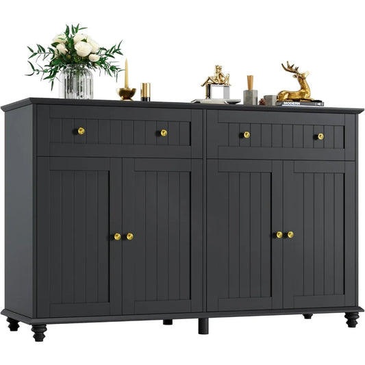 Buffet Cabinet with Storage, 55.1” Large Sideboard Buffet, Black Kitchen Cabinet with 2 Drawers and 4 Doors
