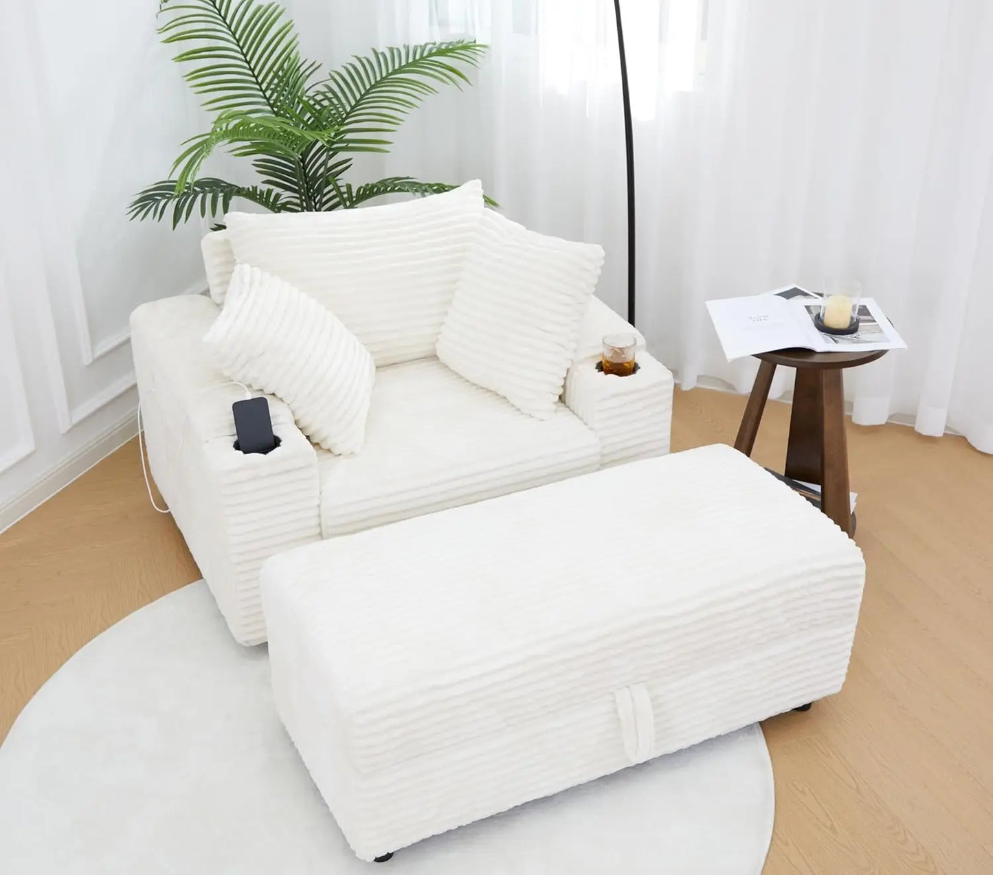 Corduroy Chaise Lounge Chair With USB Port Cup Holder Solid Wood Frame