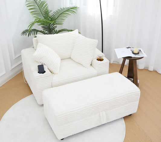 Corduroy Chaise Lounge Chair With USB Port Cup Holder Solid Wood Frame