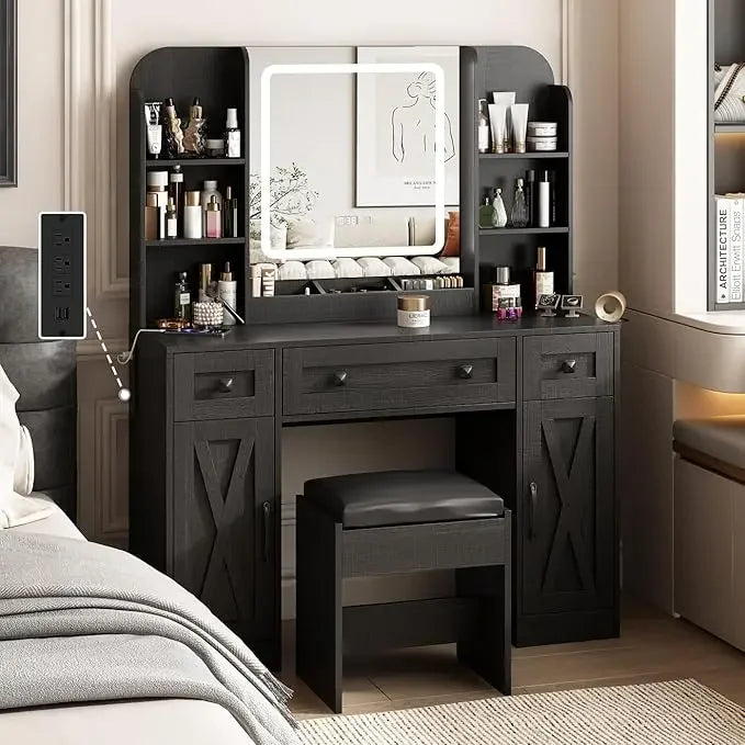 Makeup Vanity Desk With Mirror Lights And Chair Storage Drawers