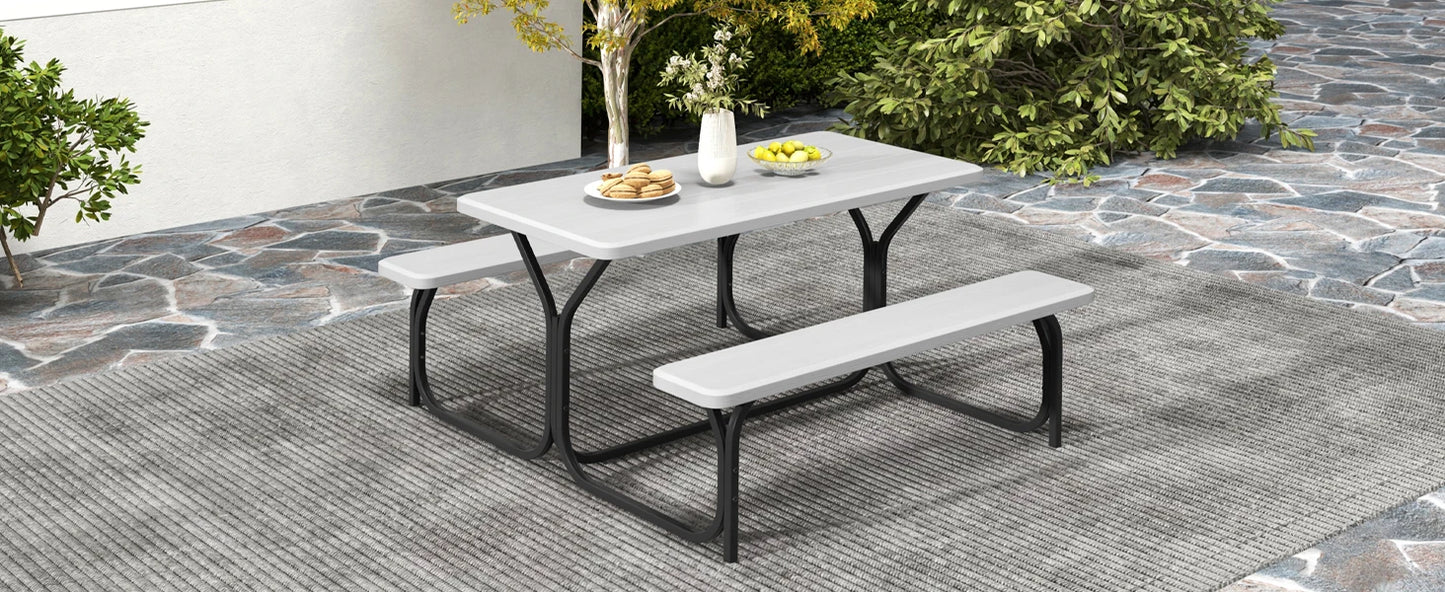 Picnic Table, Resin Dining Table & 2 Benches Set, Weather Resistant Wood Grain Tabletop & Steel Frame, Plastic Picnic Tables