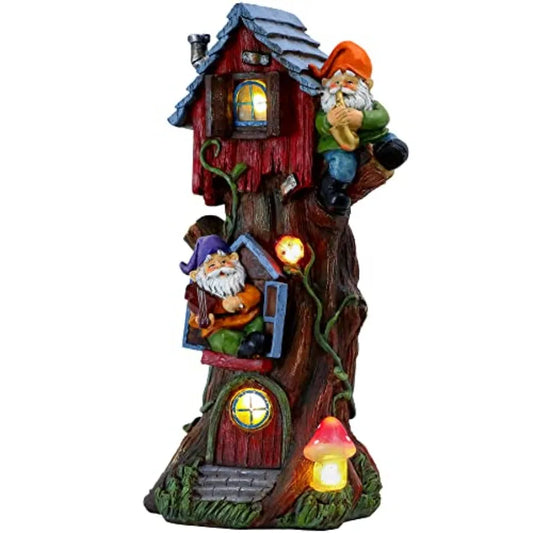 11" Tall Large Garden Statues Gnome Treehouse with Solar Outdoor Light, Dad Gifts for Men, Resin Garden Decor Lawn Ornaments fo