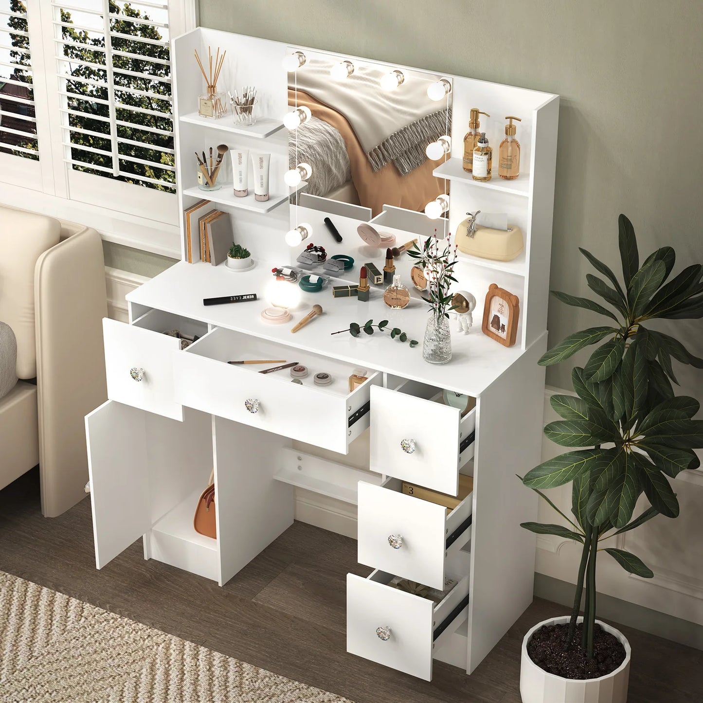 Large White Light Luxury Vanity Set, 3 Color Dimmable LED Mirror, 5 Drawers, Sturdy Frame Easy Assembly