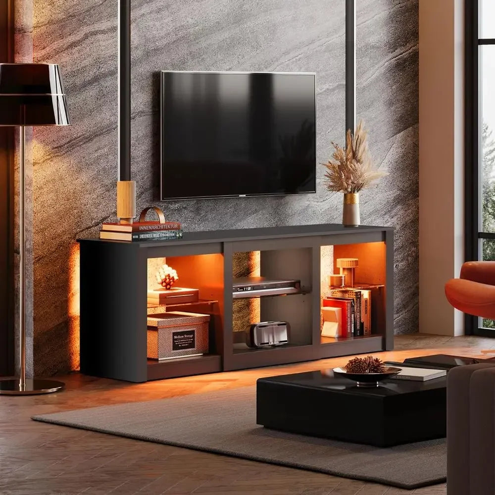 65-70 Inch LED TV Stand with Adjustable Glass Shelves, RGB Lights, and Wood Media Table for Living Room, Bedroom, or Gaming Room