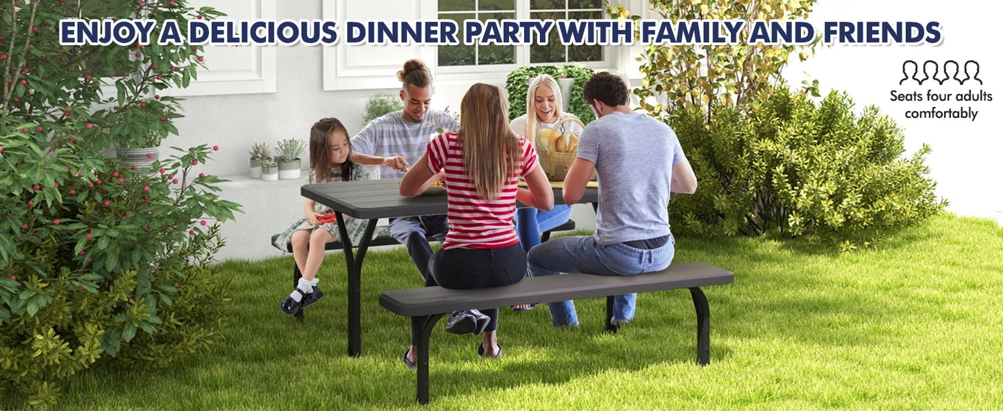 Picnic Table, Resin Dining Table & 2 Benches Set, Weather Resistant Wood Grain Tabletop & Steel Frame, Plastic Picnic Tables