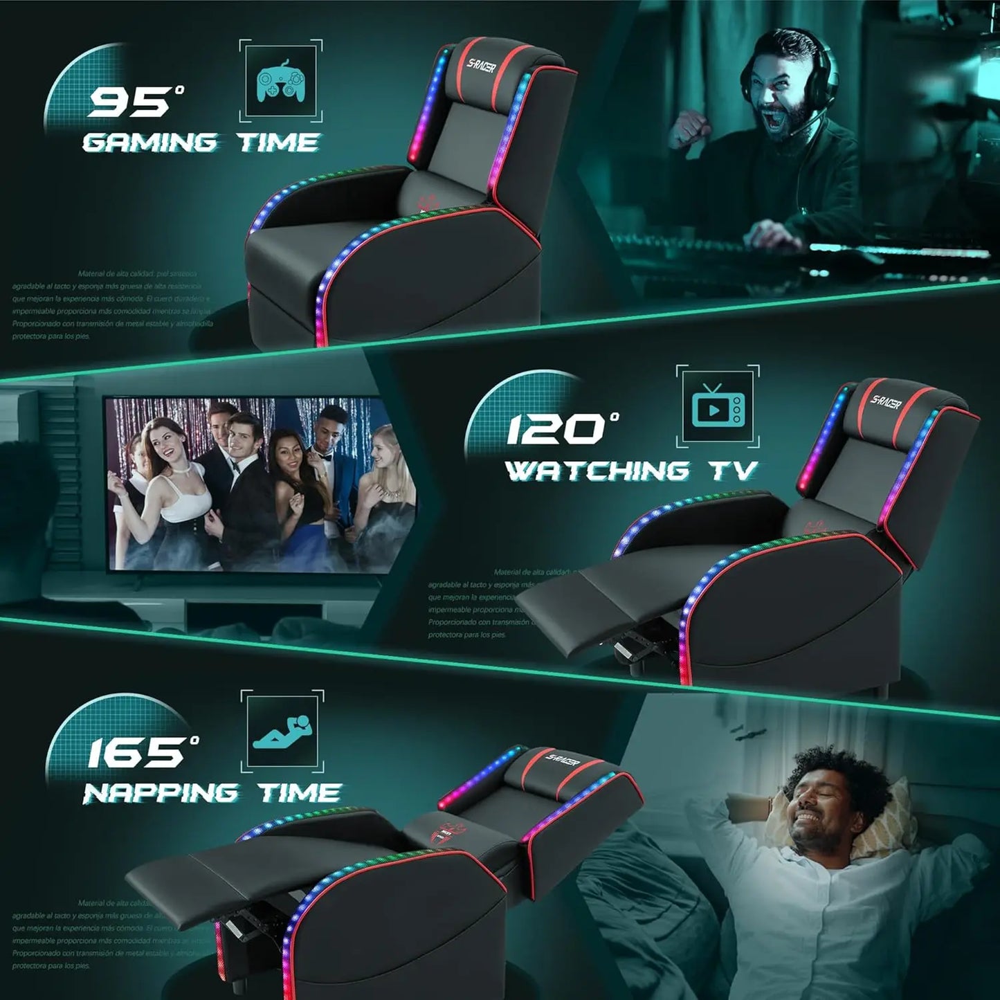 LED Massage Recliner Chair Racing Style Ergonomic Home Theater Seating