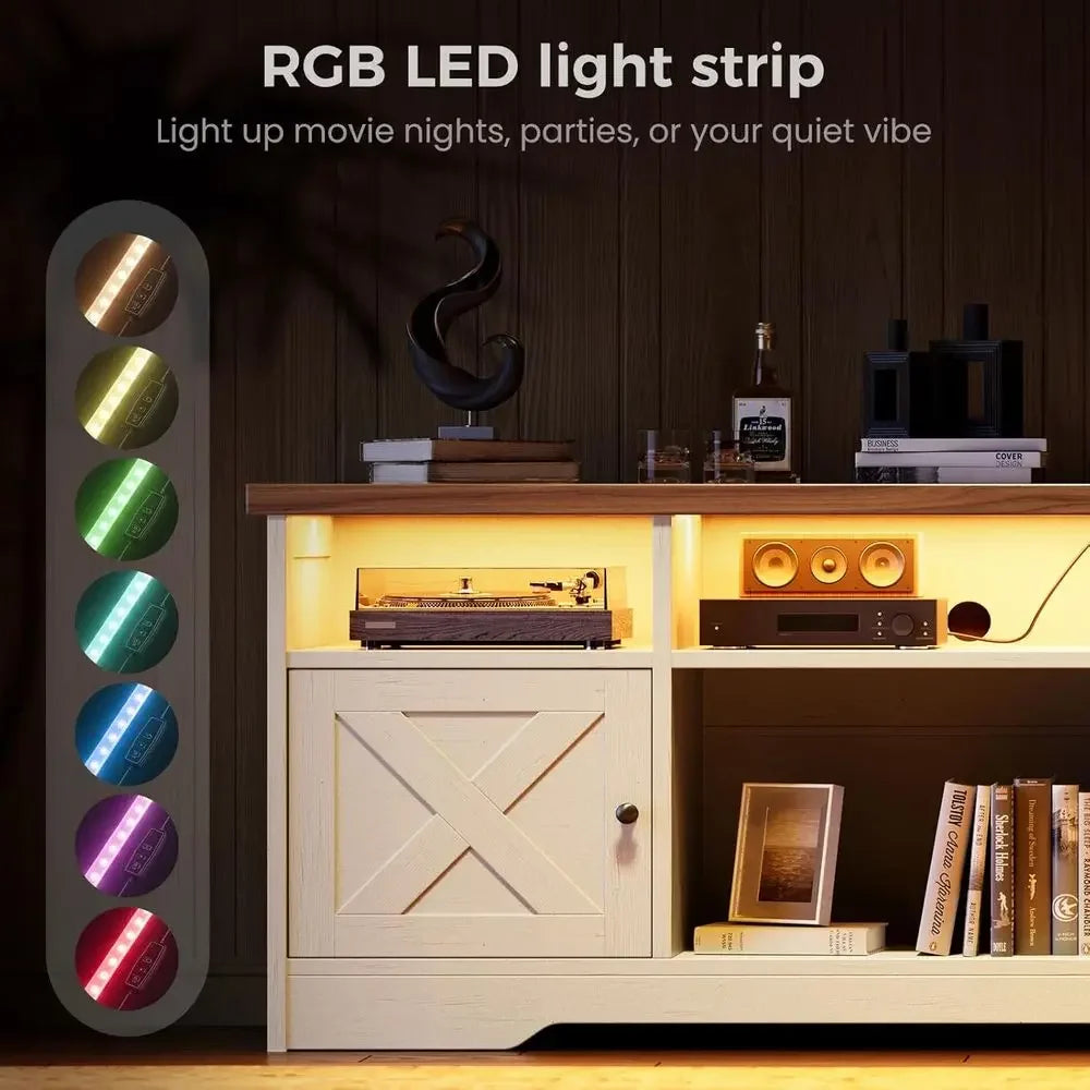 65 TV Stand with Power Outlet, LED Lights, and Storage for Living Room or Bedroom, White