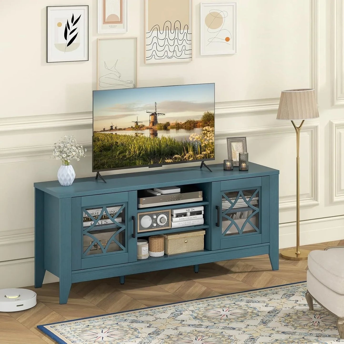 Farmhouse TV Stand With Glass Doors And Adjustable Shelves