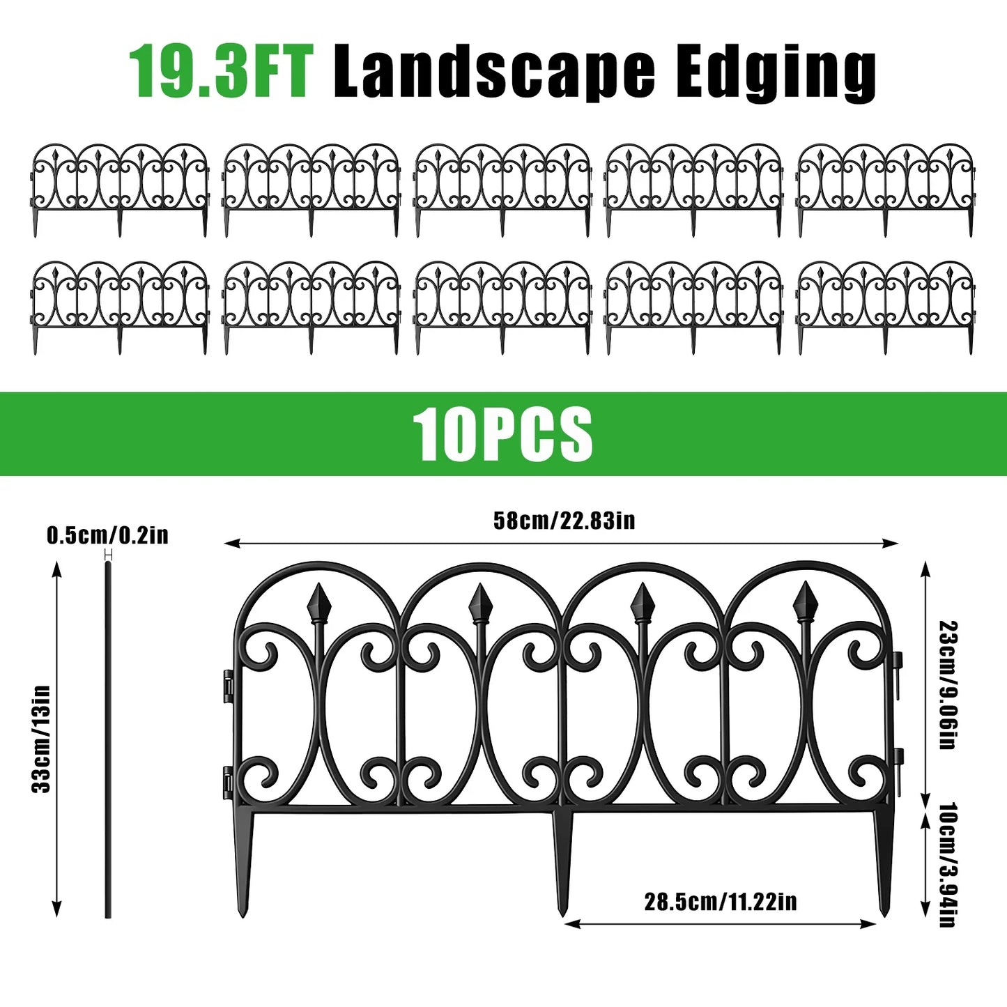 19.3ft Garden Decorative Fence 10Packs No-Dig Landscape Edging Flower Bed Border Rustproof Plastic Lawn Fence Outdoor US Stock