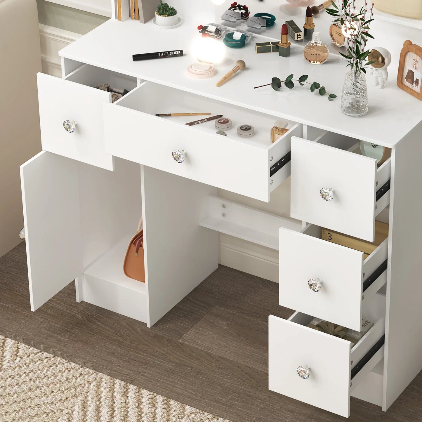 Large White Light Luxury Vanity Set, 3 Color Dimmable LED Mirror, 5 Drawers, Sturdy Frame Easy Assembly