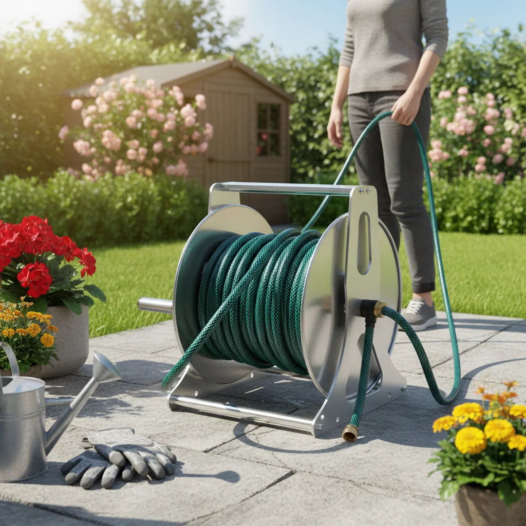Heavy-Duty Water Hose Reel, Stable Garden Hose Storage Rack with Handle and Fittings for Home Garden, Yard, and Outdoor Cleaning