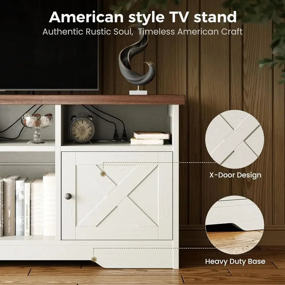 65 TV Stand with Power Outlet, LED Lights, and Storage for Living Room or Bedroom, White
