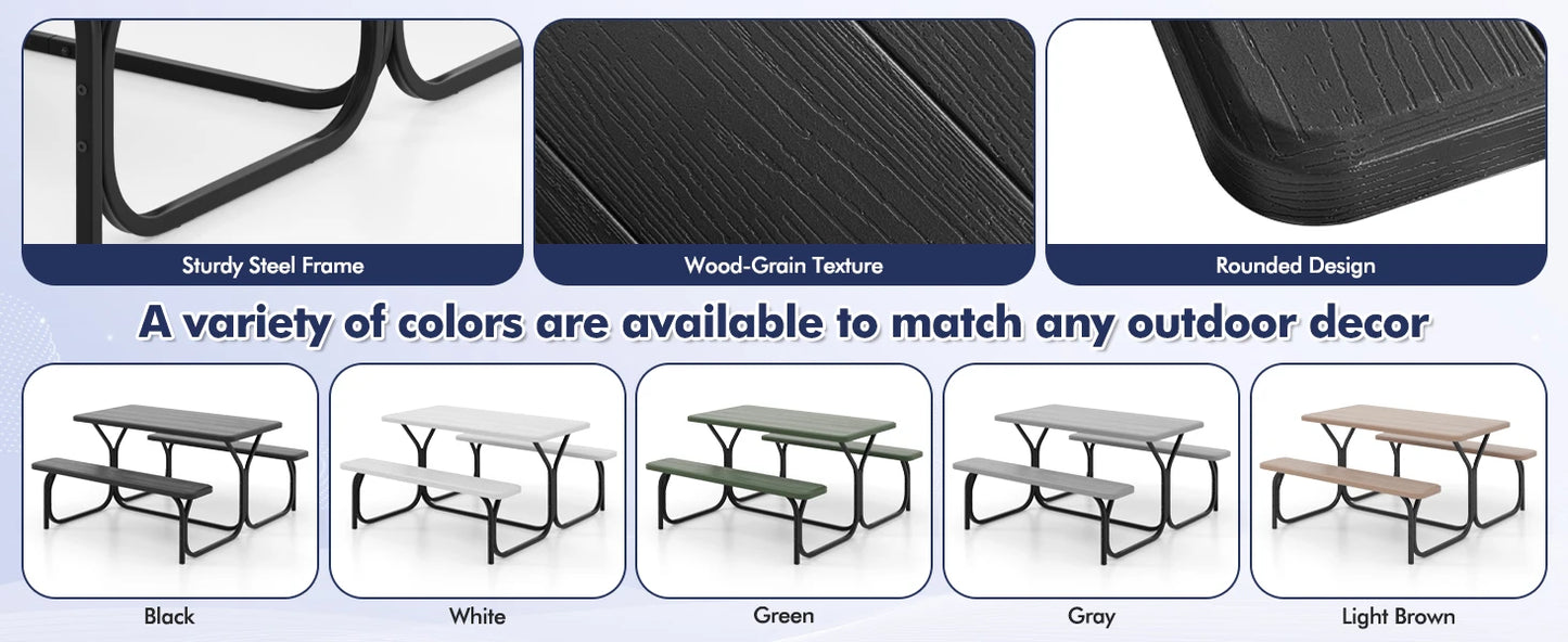 Picnic Table, Resin Dining Table & 2 Benches Set, Weather Resistant Wood Grain Tabletop & Steel Frame, Plastic Picnic Tables