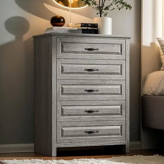 Grey 5 Drawers Dresser Chests for Bedroom, 42.7 Inch Tall Wooden Dresser, Farmhouse Storage Organizer with Large Drawer