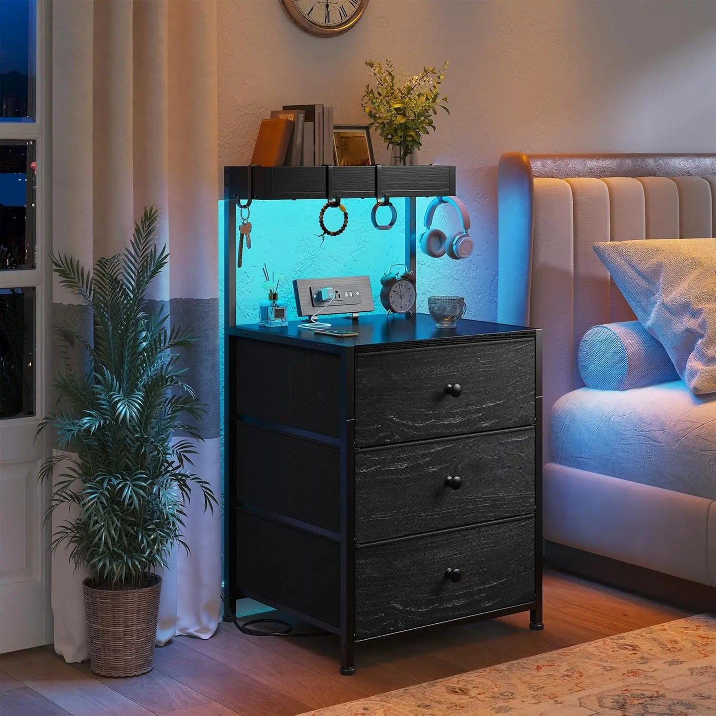 Tall Nightstand Set Of 2 With Charging Station And 3 Drawers
