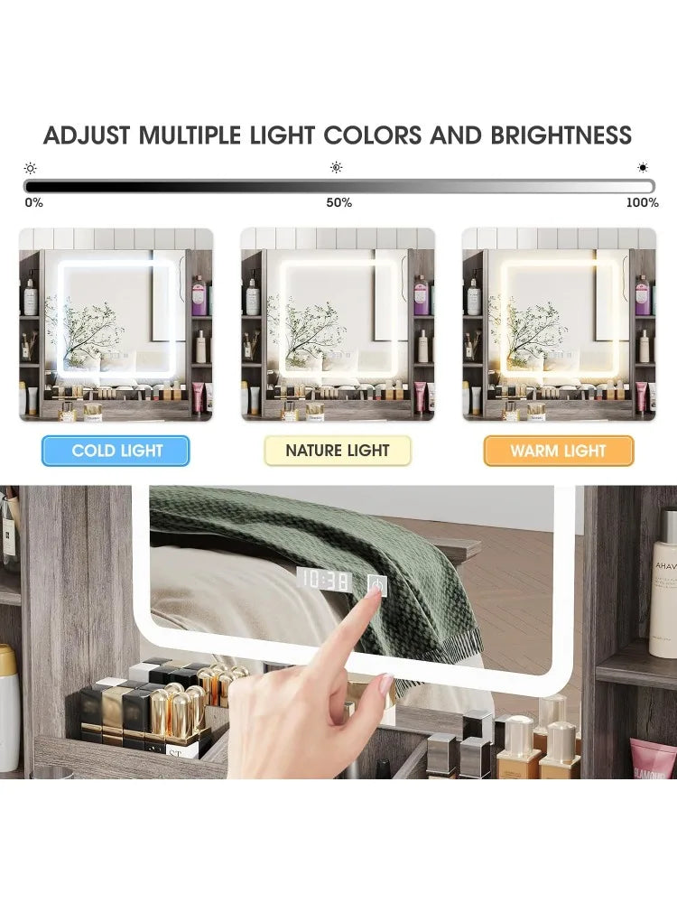 Makeup Vanity Desk With Mirror Lights And Chair Storage Drawers